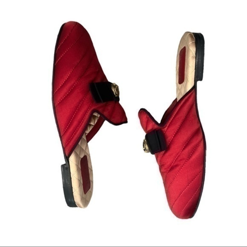 GUCCI Tiger Head Bow Red Satin Princetown Slipper Mules Size 36 - Picture 4 of 10